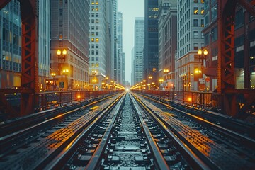 Obraz premium A train track in a city with a bridge over it