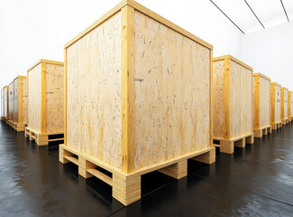 Large wooden crates standing in empty room