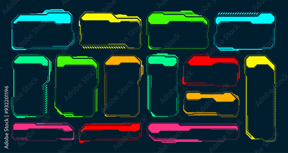 Poster futuristic hud or ui elements. sci-fi user interface text boxes, callouts. colorful warning message 