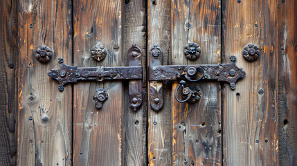 Fototapeta premium A wooden door with ornate metal hinges and handles.