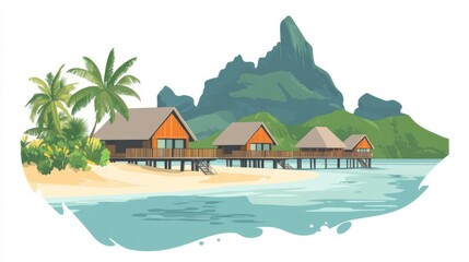 Naklejka premium Overwater bungalows, sandy beach, and vibrant sea in Bora Bora, flat design illustration