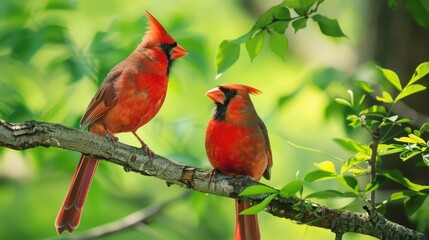Two bright red cardinals rest on a branch surrounded by green leaves, enjoying a peaceful moment