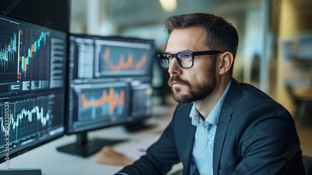Wall mural a focused it manager analyzing data on multiple screens in a modern office, light solid color backgr