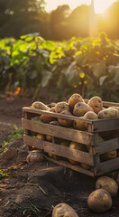 Organic potatoes in a wooden box in the field, basking in the evening sun. The concept of harvesting the fall crop.