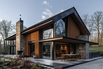 A large house with a stone chimney and a large patio
