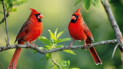 Obraz premium Two bright red cardinals sit side by side on a branch surrounded by green leaves