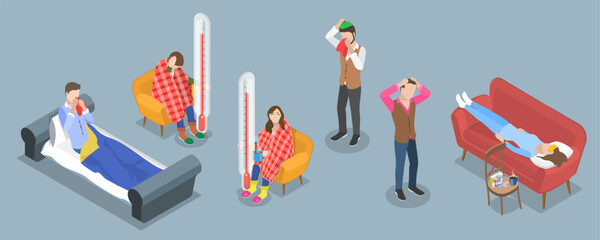 3D Isometric Flat Vector Illustration of Diverse Unhealthy People, Charecters Suffering from Flu and Fever with Cough and Sneeze