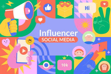 Influence social media.Influencer marketing and smm concept,symbols of network promotion-gift,like,heart,followers.Blogger's content with promotion and recomendations for his followers online.Vector