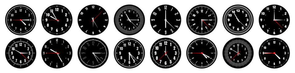 Mechanical clock faces with hands, bezel. Watch dial with minute, hour marks and numbers, arabic numerals. Timer or stopwatch element. Measuring circle scale with divisions. Vector illustration
