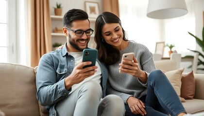 Obraz premium Happy young beautiful couple using smartphone sitting on sofa in living room interior at home