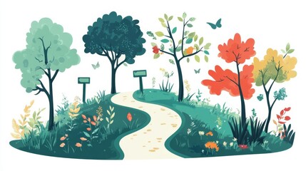 Obraz premium A path winding through a forest, with milestones representing stages of personal growth, serene and motivational, flat , isolated on white background