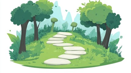 A path winding through a forest, with milestones representing stages of personal growth, serene and motivational, flat , isolated on white background