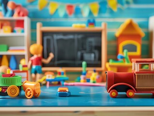 Colorful Toy Trucks and Vehicles on a Play Table in a Childrens Playroom