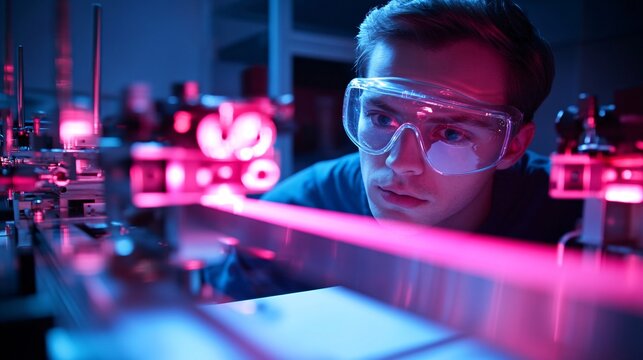 A laser technician in a modern lab setting, wearing safety goggles and operating a laser machine, surrounded by high-tech equipment