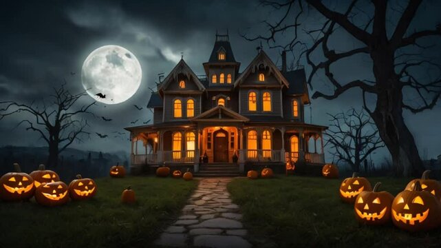 Old haunted house surrounded by Halloween pumpkins and bats on a sinister full moon night AI video