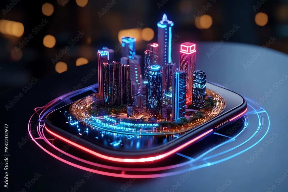 Poster a futuristic cityscape displayed on a sleek device, illuminated with vibrant neon lights and innovat