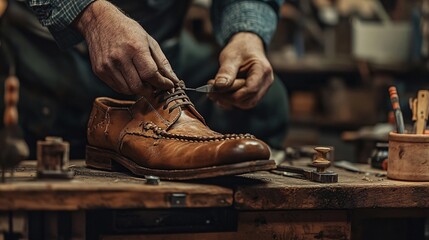 A close-up of a skilled leather worker crafting a shoe, showcasing intricate details and tools on a wooden workbench