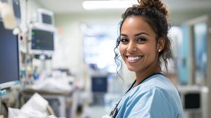 A licensed practical nurse smiling while preparing medication in a bright, well-lit hospital room