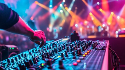 A live sound engineer adjusting audio levels on a mixing console during a concert with colorful stage lights in the background