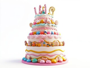 Towering cake, detailed candy decorations, white background, 3D illustration