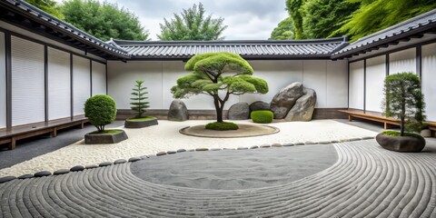 A serene oasis, the Zen garden exudes minimalist elegance, with clean lines and palette of white and gray stones, water features, and lush vegetation.