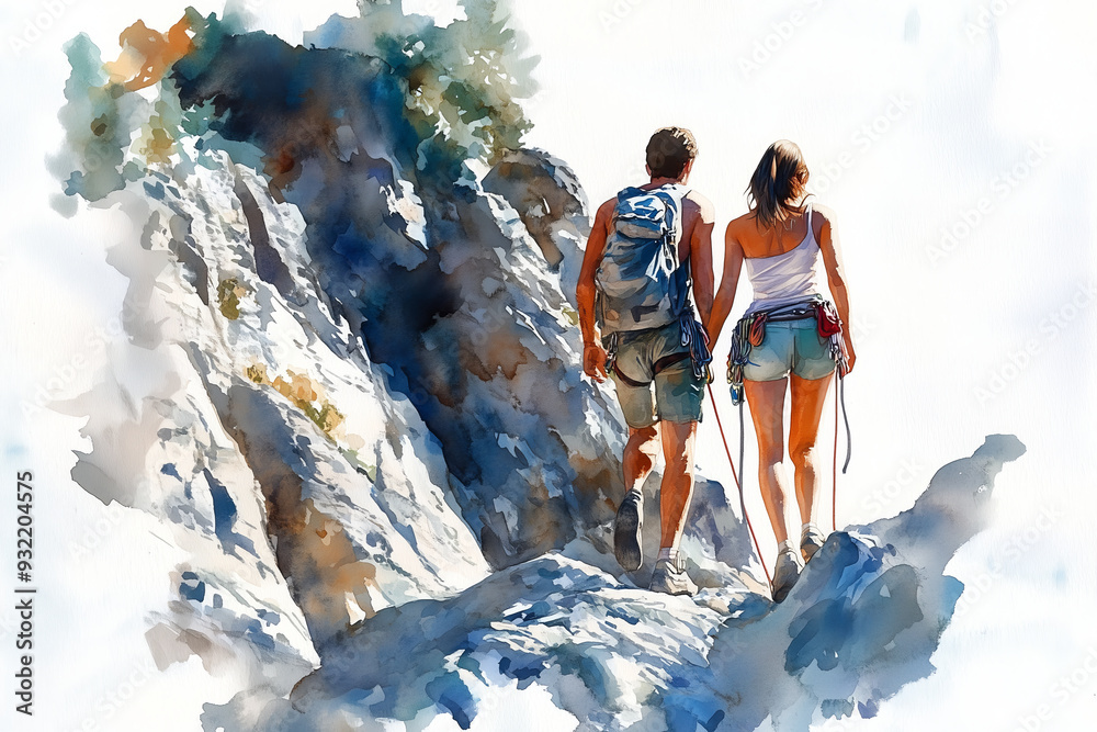 Wall mural watercolor painting of a man and woman climbing a rock.