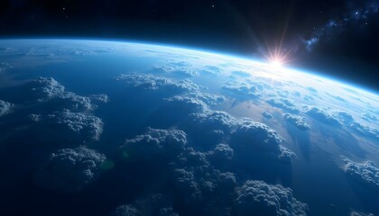 Fototapeta premium A view of the Earth's atmosphere from space, with the planet's curved horizon visible against the dark backdrop of space. The image shows a bright sun peeking out from behind the Earth's edge, 