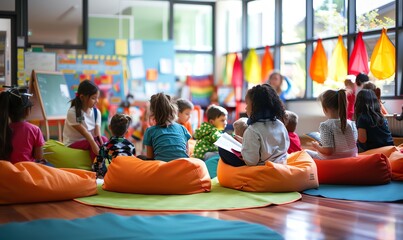 Diverse Group of Children Sitting on Bean Bags in a Bright and Colorful Classroom During a Story Time Session