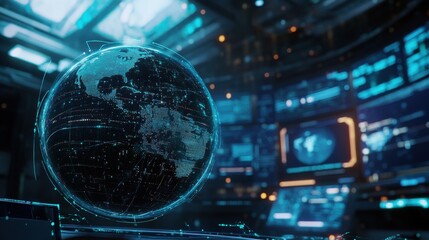 A close-up, angled view of a futuristic globe, partially illuminated with intricate digital network lines wrapping around its surface