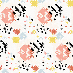 Simple glitch geometric seamless abstract pattern with playful woven summer color. Bright whimsical gender neutral bold irregular shape textile Cotton effect background. 