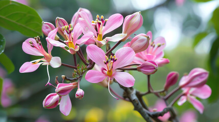 Obraz premium A pink flowering plant with many blossoms.