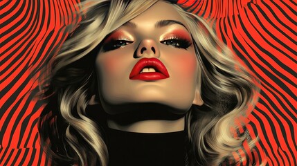 Bold Fashion Portrait: Stylish Blonde Model with Red Lips and Psychedelic Background