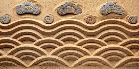 Geometric patterns and stone designs in sandy landscape at sunset