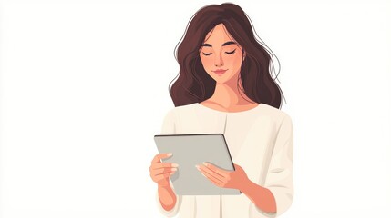 Young Woman Reading on Digital Tablet, Focused Expression, White Background, Casual Attire