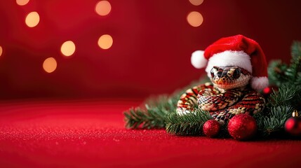 Obraz premium Festive Snake in Santa Hat with Christmas Decor and Red Bokeh Background