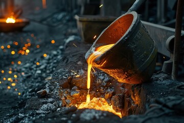 A large amount of molten metal is pouring out of a large metal container, generative ai image
