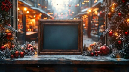 Mockup, Blank Poster Frame, sitting in front of a Christmas Shop, Christmas Decoration around it	