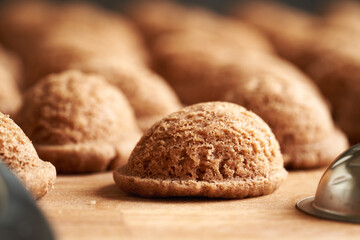 Closeup of baked homemade Christmas cookies in the form of nuts
