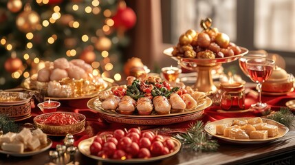 Festive Holiday Feast with Ornament Decorations and Gourmet Dishes on Table