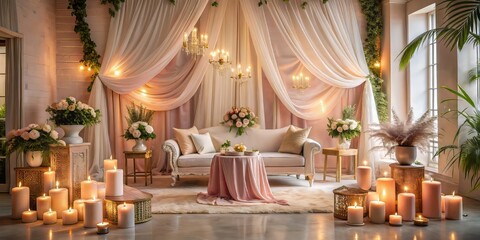 A serene oasis wrapped in muted pinks and soft neutrals, where gentle fabrics sway and cozy ambiance envelops, creating a haven for the soul.