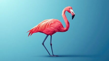 Fototapeta premium Geometric Flamingo Against Blue Background - Modern Polygons Art and Digital Illustration
