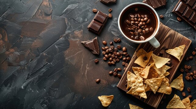 Chocolate banner on wooden board with coffee dark background chips ideal for cafes and restaurants concept