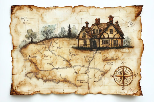 A watercolor painting of a very old looking map of the journey home.