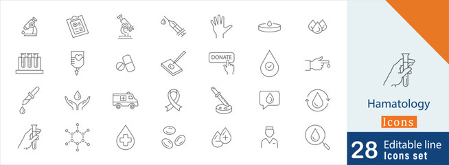 Hematology editable thin line icon set with  cardiology, laboratory tube, ambulance, clinical laboratory, blood circulation,  leukemia and  blood cells