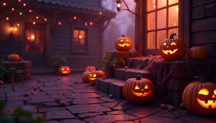 Obraz premium Halloween decorations. Lighted pumpkins on Halloween night