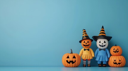 Halloween pumpkin decorating contest, kids in costumes, 3D illustration