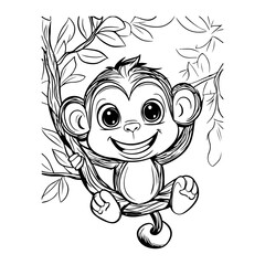 Coloring page for kids, a cute baby monkey hanging on a tree branch. Cute kawaii monkey cartoon character coloring page vector illustration.