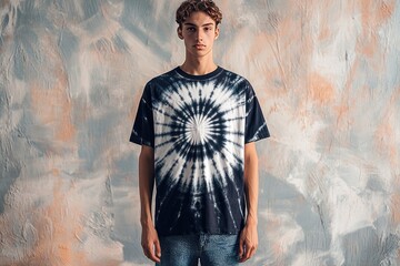 Obraz premium Young Man Wearing Tie-Dye Shirt Against Abstract Textured Wall