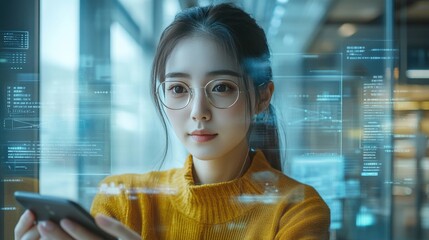 Young Woman Using Smartphone with Futuristic Digital Overlay in Modern Office Setting
