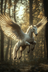 Pegasus flying in the forest, The elegance of mythical creatures